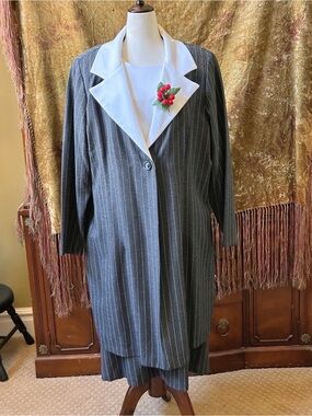 Gray Pinstripe Midi Dress with White Lapel